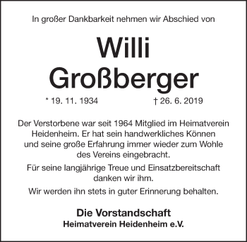 Traueranzeige von Willi Großberger von Altmühl-Bote Lokal
