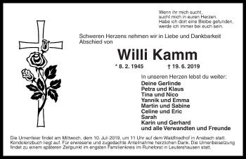 Traueranzeige von Willi Kamm von Altmühl-Bote Lokal
