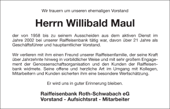 Traueranzeige von Willibald Maul von Roth-Hilpoltsteiner Volkszeitung Lokal