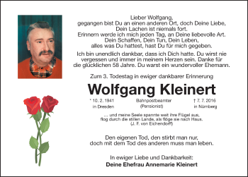 Traueranzeige von Wolfgang Kleinert von Gesamtausgabe Nürnberger Nachrichten/ Nürnberger Ztg.