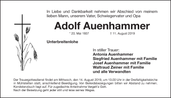Traueranzeige von Adolf Auenhammer von Roth-Hilpoltsteiner Volkszeitung Lokal