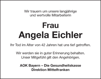 Traueranzeige von Angela Eichler von Gesamtausgabe Nürnberger Nachrichten/ Nürnberger Ztg.