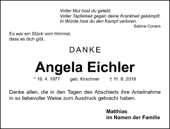 Traueranzeige von Angela Eichler von Gesamtausgabe Nürnberger Nachrichten/ Nürnberger Ztg./ Roth-Hilpoltsteiner Volkszeitung