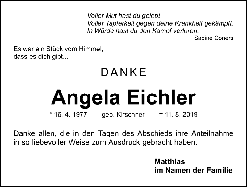  Traueranzeige für Angela Eichler vom 24.08.2019 aus Gesamtausgabe Nürnberger Nachrichten/ Nürnberger Ztg./ Roth-Hilpoltsteiner Volkszeitung