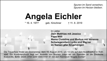 Traueranzeige von Angela Eichler von Gesamtausgabe Nürnberger Nachrichten/ Nürnberger Ztg./ Roth-Hilpoltsteiner Volkszeitung