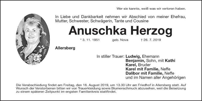 Traueranzeige für Anuschka Herzog vom 09.08.2019 aus Roth-Hilpoltsteiner Volkszeitung Lokal