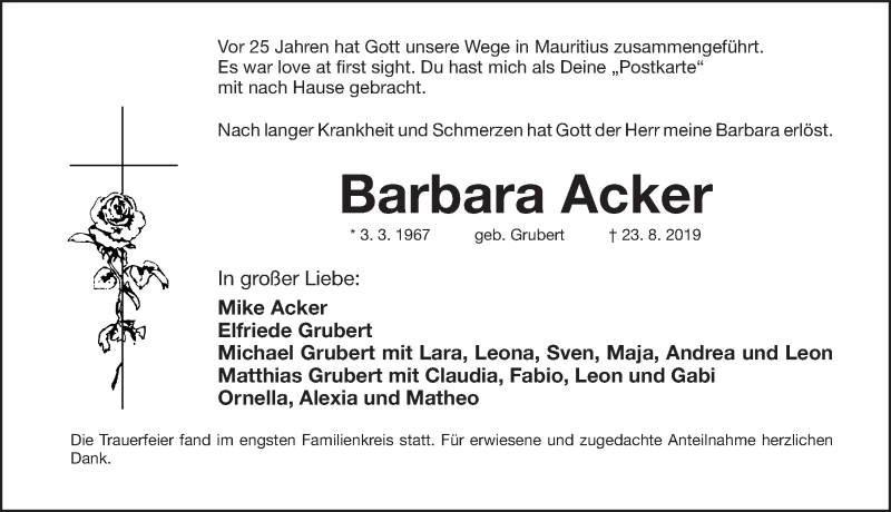  Traueranzeige für Barbara Acker vom 31.08.2019 aus Erlanger Nachrichten Lokal