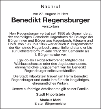 Traueranzeige von Benedikt Regensburger von Roth-Hilpoltsteiner Volkszeitung Lokal