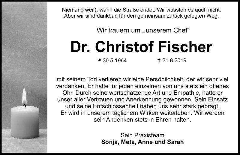  Traueranzeige für Christof Fischer vom 24.08.2019 aus Nordbayerische Nachrichten Herzogenaurach Lokal