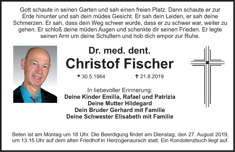  Traueranzeige für Christof Fischer vom 24.08.2019 aus Nordbayerische Nachrichten Herzogenaurach Lokal