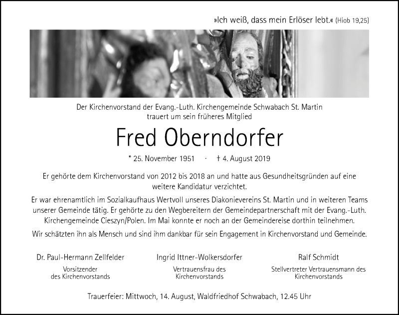  Traueranzeige für Fred Oberndorfer vom 10.08.2019 aus Schwabach