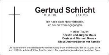 Traueranzeige von Gertrud Schlicht von Fürther Nachrichten Lokal