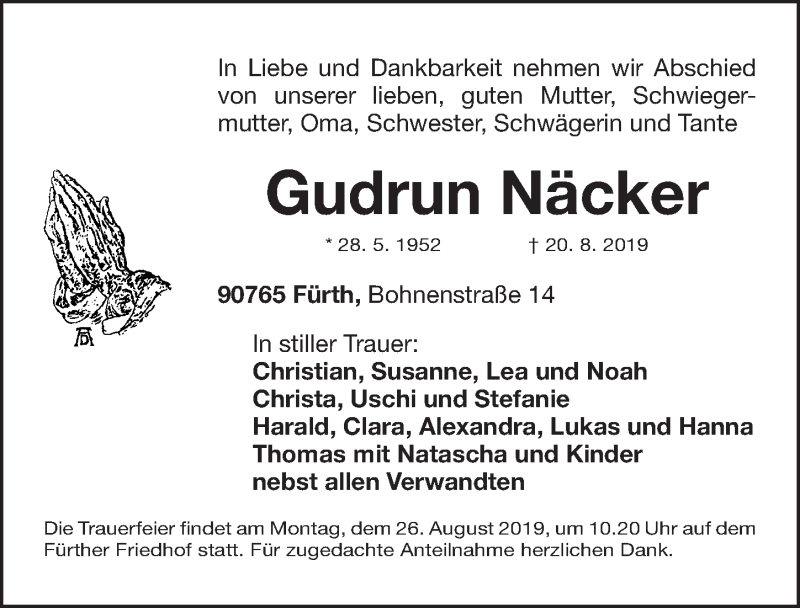  Traueranzeige für Gudrun Näcker vom 23.08.2019 aus Fürther Nachrichten Lokal