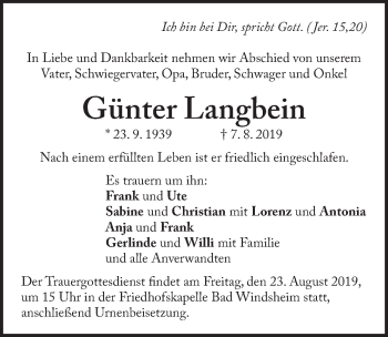 Traueranzeige von Günter Langbein von Gesamtausgabe Nürnberger Nachrichten/ Nürnberger Ztg.