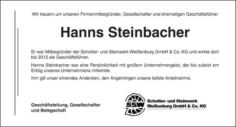  Traueranzeige für Hanns Steinbacher vom 02.08.2019 aus Altmühl-Bote Lokal