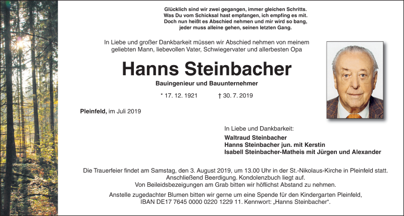  Traueranzeige für Hanns Steinbacher vom 02.08.2019 aus Roth-Hilpoltsteiner Volkszeitung Lokal