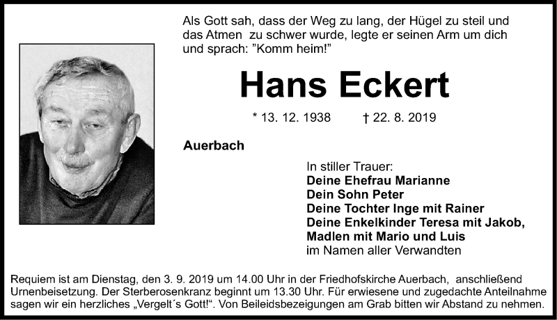  Traueranzeige für Hans Eckert vom 31.08.2019 aus Nordbayerische Nachrichten Pegnitz Lokal