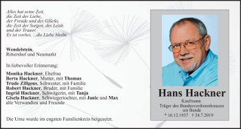 Traueranzeige von Hans Hackner von Neumarkter Nachrichten Lokal