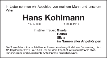 Traueranzeige von Hans Kohlmann von Gesamtausgabe Nürnberger Nachrichten/ Nürnberger Ztg.