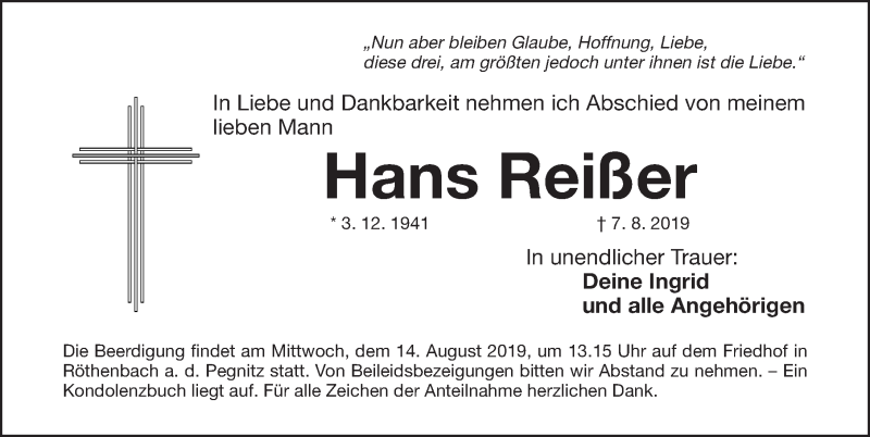  Traueranzeige für Hans Reißer vom 10.08.2019 aus Gesamtausgabe Nürnberger Nachrichten/ Nürnberger Ztg.