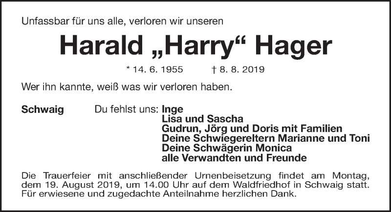  Traueranzeige für Harald Hager vom 14.08.2019 aus Gesamtausgabe Nürnberger Nachrichten/ Nürnberger Ztg.