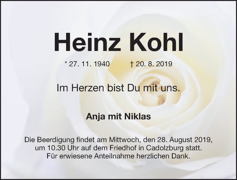  Traueranzeige für Heinz Kohl vom 24.08.2019 aus Fürther Nachrichten Lokal