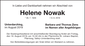 Traueranzeige von Helene Nowak von Fürther Nachrichten Lokal