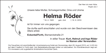 Traueranzeige von Helma Röder von Gesamtausgabe Nürnberger Nachrichten/ Nürnberger Ztg.
