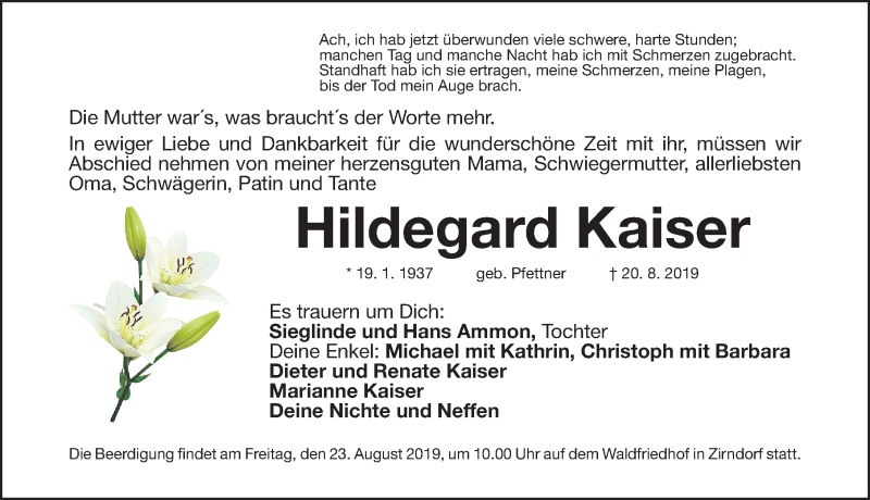  Traueranzeige für Hildegard Kaiser vom 22.08.2019 aus Fürther Nachrichten Lokal