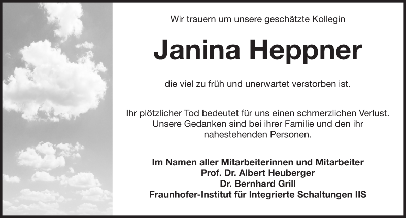  Traueranzeige für Janina Heppner vom 30.08.2019 aus Erlanger Nachrichten/ Gesamtausgabe Nürnberger Nachrichten/ Nürnberger Ztg.