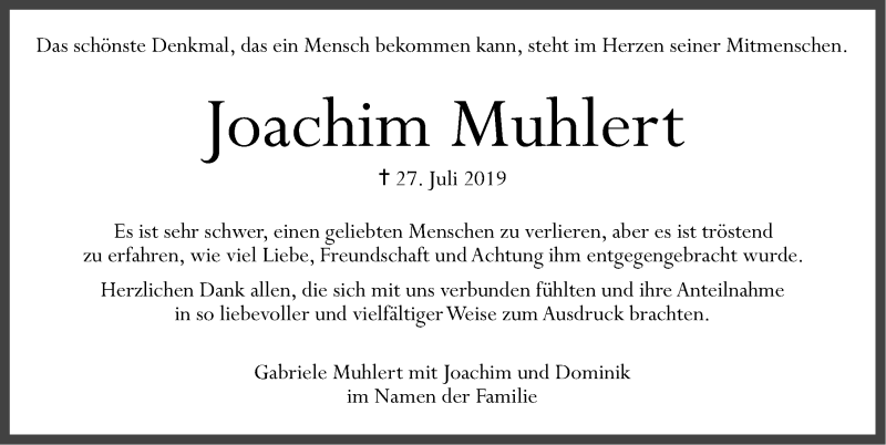  Traueranzeige für Joachim Muhlert vom 17.08.2019 aus Gesamtausgabe Nürnberger Nachrichten/ Nürnberger Ztg.