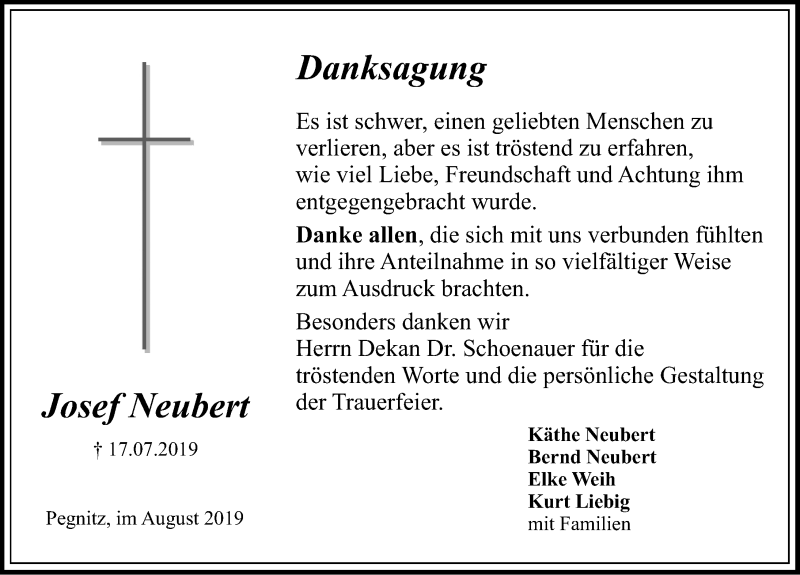  Traueranzeige für Josef Neubert vom 17.08.2019 aus Gesamtausgabe Nürnberger Nachrichten/ Nürnberger Ztg.