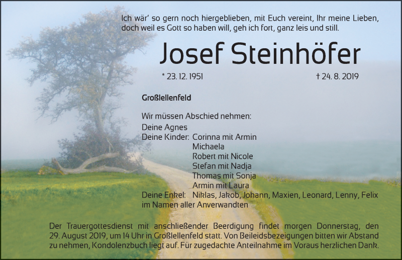  Traueranzeige für Josef Steinhöfer vom 28.08.2019 aus Altmühl-Bote Lokal