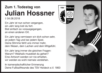 Traueranzeige von Julian Hossner von Roth-Hilpoltsteiner Volkszeitung Lokal