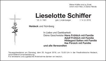 Traueranzeige von Lieselotte Schiffer von Roth-Hilpoltsteiner Volkszeitung Lokal