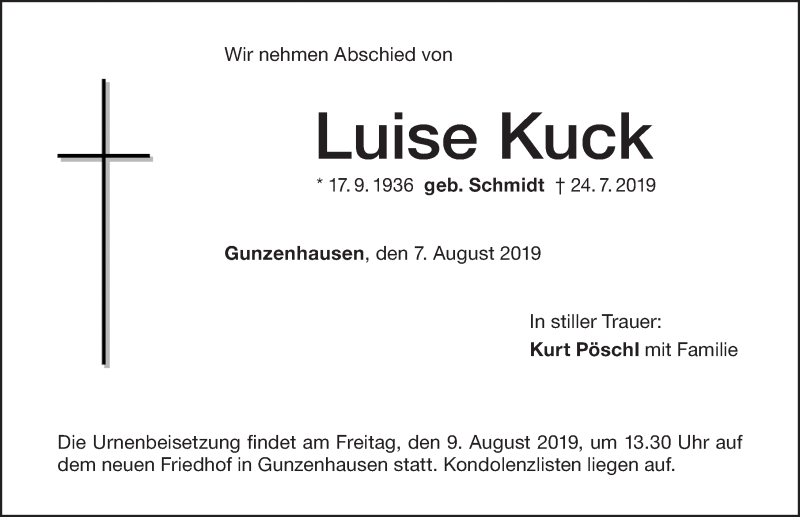  Traueranzeige für Luise Kuck vom 07.08.2019 aus Altmühl-Bote Lokal