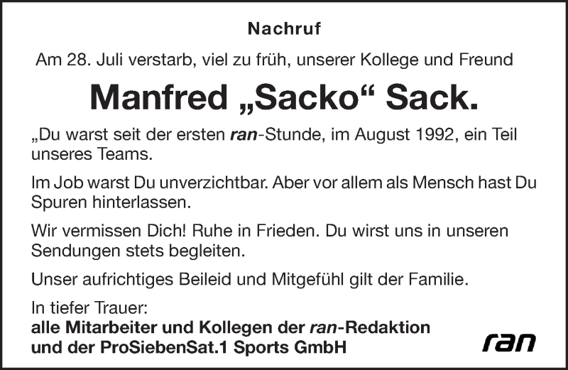  Traueranzeige für Manfred Sack vom 06.08.2019 aus Gesamtausgabe Nürnberger Nachrichten/ Nürnberger Ztg.