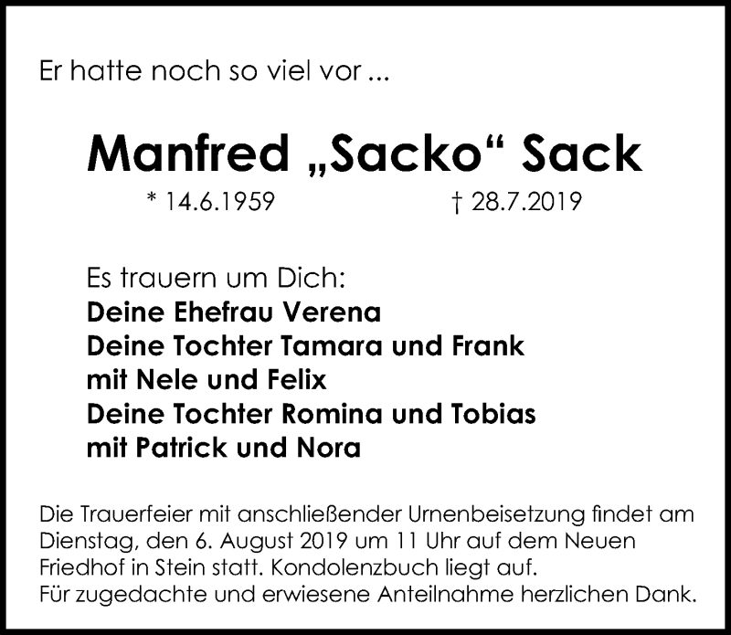  Traueranzeige für Manfred Sack vom 03.08.2019 aus Gesamtausgabe Nürnberger Nachrichten/ Nürnberger Ztg.