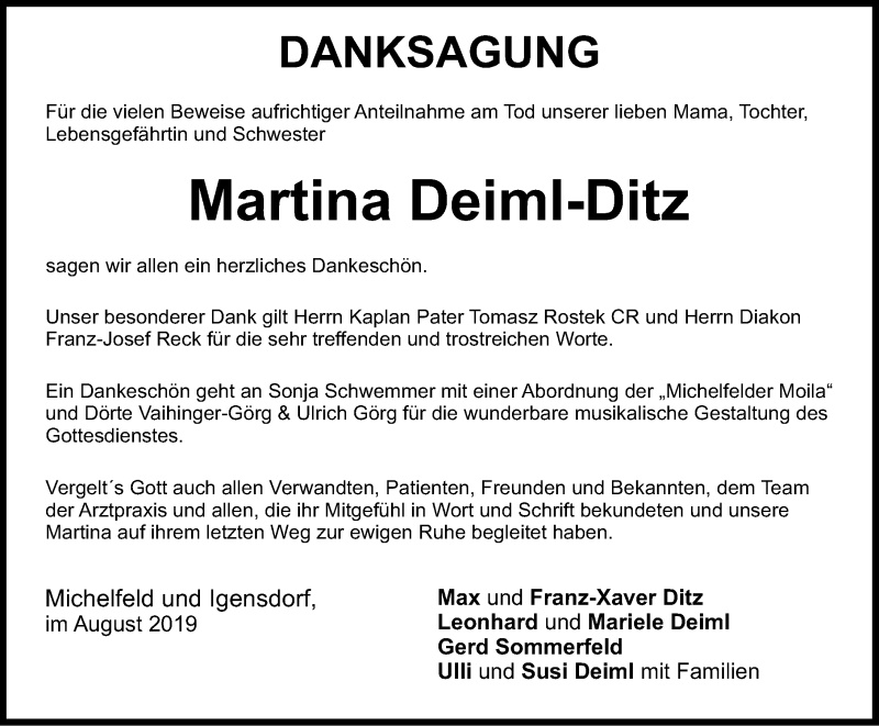  Traueranzeige für Martina Deiml-Ditz vom 10.08.2019 aus Nordbayerische Nachrichten Pegnitz Lokal