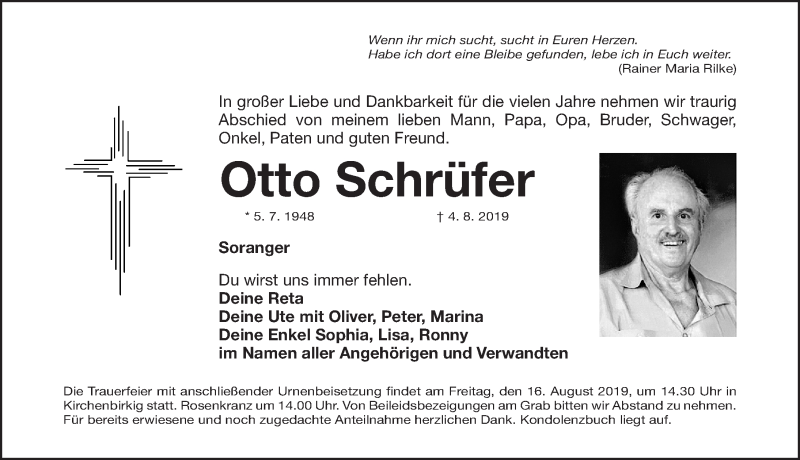  Traueranzeige für Otto Schrüfer vom 14.08.2019 aus Nordbayerische Nachrichten Pegnitz Lokal