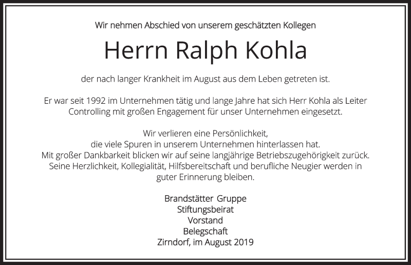  Traueranzeige für Ralph Kohla vom 31.08.2019 aus Fürther Nachrichten Lokal