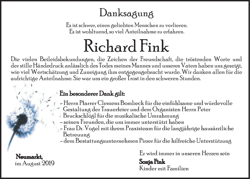  Traueranzeige für Richard Fink vom 28.08.2019 aus Neumarkter Nachrichten Lokal