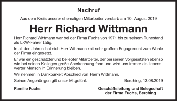Traueranzeige von Richard Wittmann von Neumarkter Nachrichten Lokal