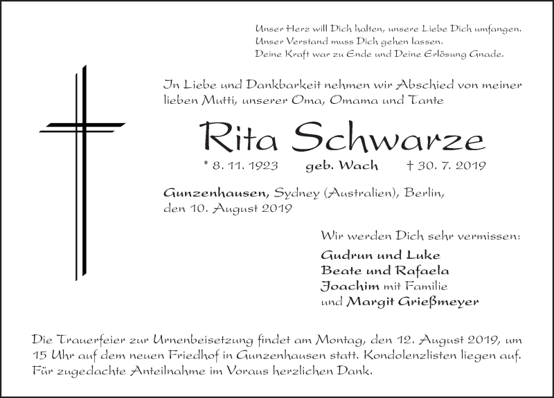  Traueranzeige für Rita Schwarze vom 10.08.2019 aus Altmühl-Bote Lokal