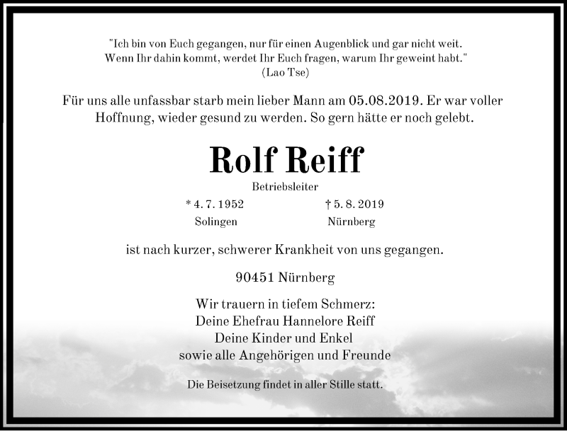  Traueranzeige für Rolf Reiff vom 10.08.2019 aus Gesamtausgabe Nürnberger Nachrichten/ Nürnberger Ztg.