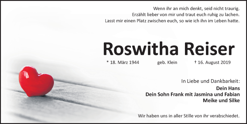  Traueranzeige für Roswitha Reiser vom 24.08.2019 aus Fürther Nachrichten Lokal