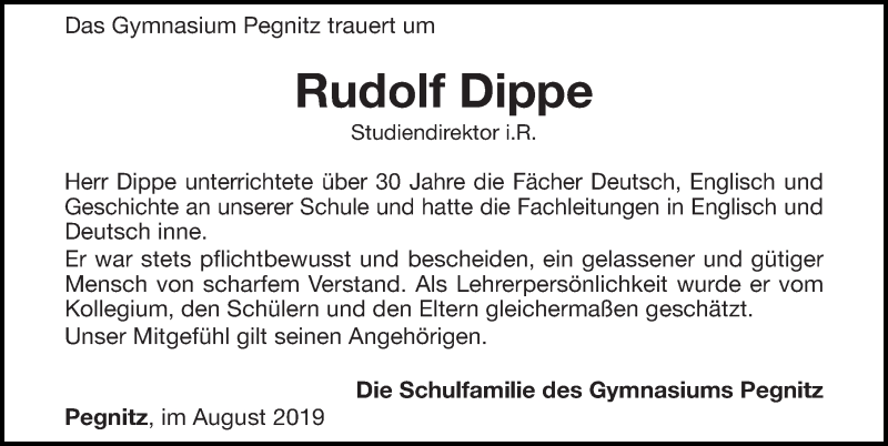  Traueranzeige für Rudolf Dippe vom 15.08.2019 aus Nordbayerische Nachrichten Pegnitz Lokal