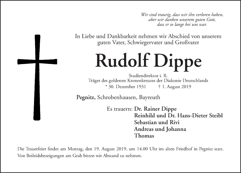  Traueranzeige für Rudolf Dippe vom 12.08.2019 aus Nordbayerische Nachrichten Pegnitz Lokal
