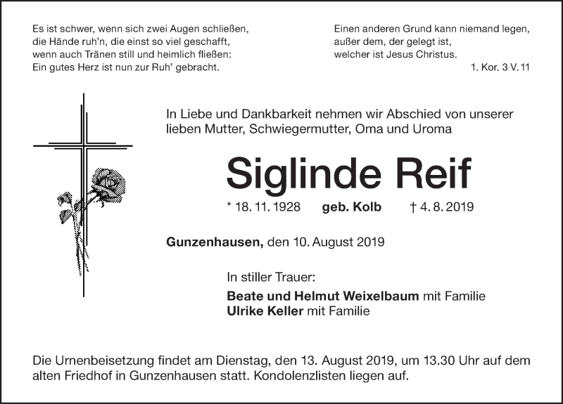  Traueranzeige für Siglinde Reif vom 10.08.2019 aus Altmühl-Bote Lokal