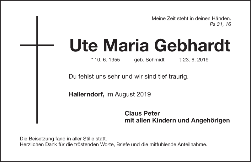  Traueranzeige für Ute Maria Gebhardt vom 24.08.2019 aus Nordbayerische Nachrichten Forchheim Lokal